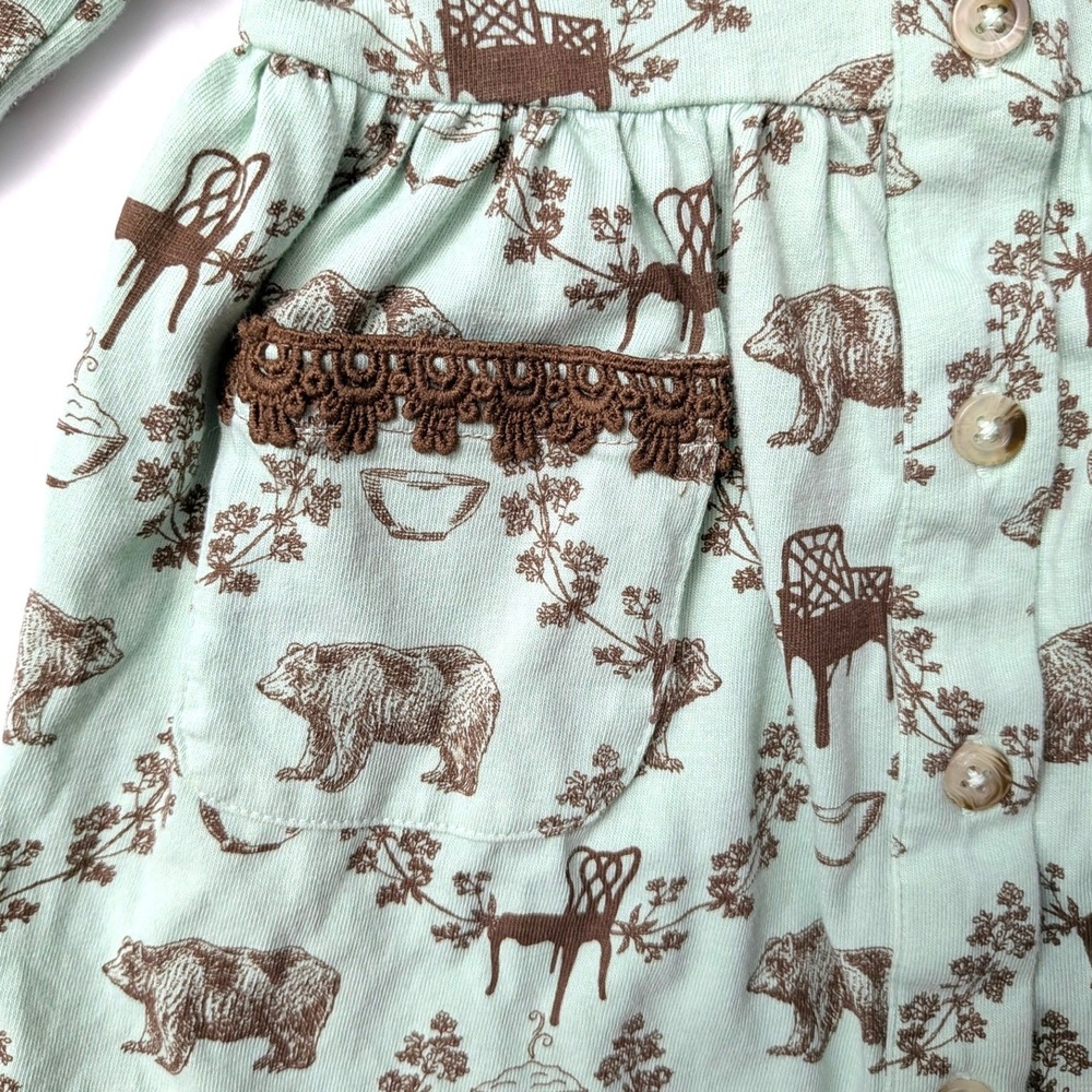 Kate Quinn Goldilocks Dress Organic Cotton Mint Green Brown Bears & Chairs 6-12M - Picture 6 of 10